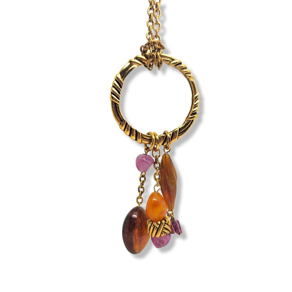 Antiqued Gold Tone Amulet Beaded Ring Hangs On 30" Rolo Chain Pendant